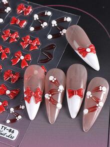 1 件 5D 浮雕红色蝴蝶结美甲贴纸，DIY 优雅蝴蝶结自粘贴花和滑块，美甲装饰配件工具，美甲沙龙，美甲用品 - 彩色 - 查看 2