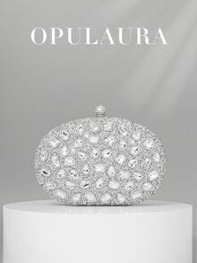 OpulAura 1件装闪亮银色奢华水钻装饰女士手提包，时尚水钻点缀晚宴手拿包，配金属链，适合正式场合、派对、婚礼、生日、情人节礼物 - 銀色 - 查看 1