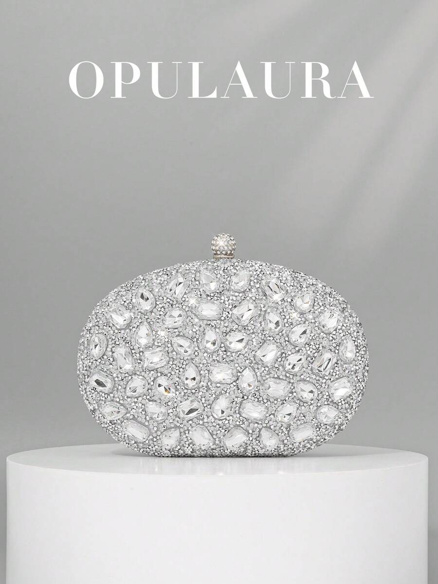 OpulAura 1件装闪亮银色奢华水钻装饰女士手提包，时尚水钻点缀晚宴手拿包，配金属链，适合正式场合、派对、婚礼、生日、情人节礼物 - 銀色 - 查看 1
