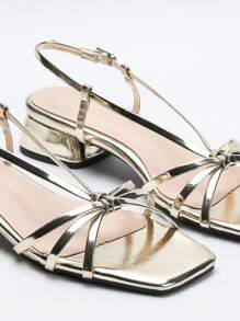 女士夏季新款简约风格露趾交叉金属装饰性感时尚派对高跟凉鞋 - 金色 - 查看 5