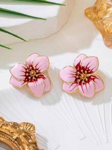 1 对甜美可爱的珐琅粉色花卉耳钉，适合节日、约会、海滩度假佩戴 - 粉色 - 查看 3