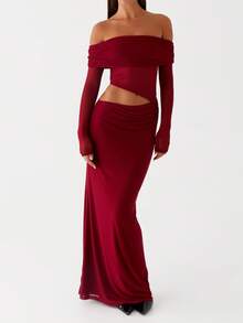 Women's Summer Hollow One Shoulder Sexy Long Dress - 酒紅色 - 查看 3