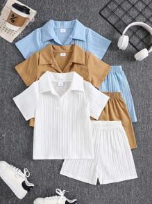 Set de 6 piese pentru băieți, costum de exterior casual, culoare solidă, confortabil, versatil, bluză și pantaloni scurți asortați, culoare solidă, primăvară/vară