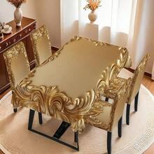 1 件/5 件/7 件豪华金色图案桌布和椅套套装（5 件包括 4 个椅套和 1 张桌布，7 件包括 6 个椅套和 1 张桌布），适合家庭聚会的节日风格，长方形桌布适合方桌，弹性椅套适合室内餐厅 - 彩色 - 查看 7