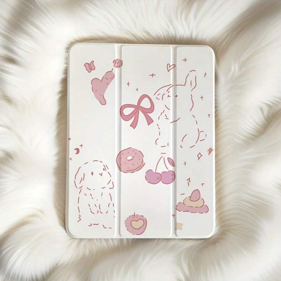 1pcs Cute Rabbit Foldable Ipad Case With Pen Slot, Adjustable Flexible Hybrid Bracket Cover For IPad Air 4th/5th Generation 10.9 Inches/Air 1st/2nd Generation 9.7 Inches/Air 3rd Generation 10.5 Inches/Pro 11th Generation - 淺灰色兔子 - 查看 1