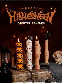 1-4 pièces - Collection de bougies parfumées en cire de soja aux designs de crâne, citrouille et main de squelette, chacune avec son propre emballage en boîte coordonné en couleur. Bougies créatives disponibles en plusieurs parfums. Parfait pour la décoration intérieure et les centres de table. Un choix de cadeau idéal pour les amis et la famille.
