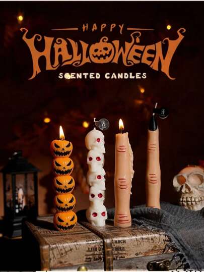 1-4 pièces - Collection de bougies parfumées en cire de soja aux designs de crâne, citrouille et main de squelette, chacune avec son propre emballage en boîte coordonné en couleur. Bougies créatives disponibles en plusieurs parfums. Parfait pour la décoration intérieure et les centres de table. Un choix de cadeau idéal pour les amis et la famille.