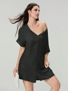 Women Bikini Cover-Ups Solid Color Crew Neck Short Sleeve Button-Down Summer Shirts Mini Beach Dress
