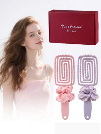 粉紫色大号弧形按摩发梳，女士造型按摩梳，买一送一，适合作为礼物，附赠红色礼盒