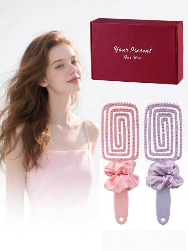 1+1 Pink & Purple Large Curved Massage Hair Brush For Women, Suitable As Gift For Friends, Includes Red Gift Box