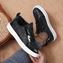 畅销平底休闲时尚运动鞋，女士时尚百搭休闲鞋，防滑耐磨轻便运动鞋，纯色 PU 鞋面，闪亮休闲滑板鞋，适合所有季节 - 黑色 - 查看 8