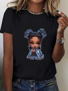 Camiseta Casual Gráfica para Mujer - Ajuste Holgado con Manga Corta y Diseño de Retrato Elegante, Perfecta para Salidas de Primavera/Verano - Negro - Ver 8