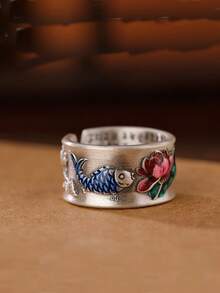 1 件复古中国风景泰蓝锦鲤莲花开口可调节戒指，奢华日常珠宝礼物，适合男女