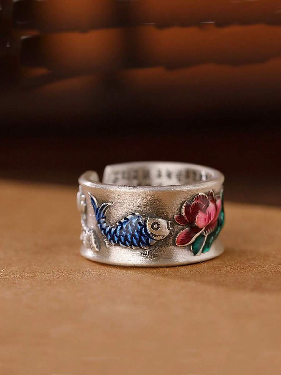 1 件复古中国风景泰蓝锦鲤莲花开口可调节戒指，奢华日常珠宝礼物，适合男女