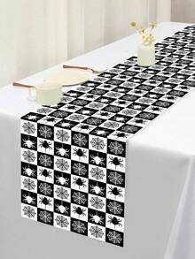1pc/100pcs 35*180cm Halloween Spider Web Printed Polyester Tablecover - Black & White Check Design, Spider & Web Interwoven, Suitable For Halloween Party, Home Gathering, Dinner Table Decor, Classic Black & White Tone