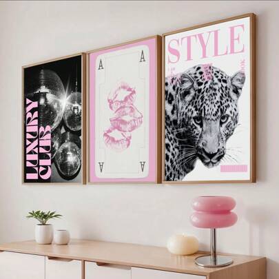 1/3 peças Leopardo Chita Arte de Parede Imagem 8 Bola Sorte Impressões Pinturas em Tela Rosa Pôsteres Femininos Decoração de Luxo Preppy Chic para Quarto, Sala de Estar ou Dormitório Presente para Ela Sem Moldura