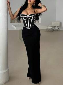 Apperloth A Y2K Sexy Corset Boned Tops For Women Mesh Grommet Eyelet Lace Up Back Backless Adjustable Straps Overbust Bustier Shapewear Crop Cami Tank Top Rave Festival Going Out Outfits Christmas Clothes Halloween Costumes - Black and White - View 4