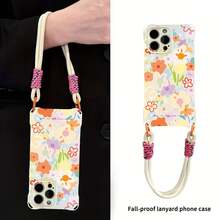 Funda para teléfono (1 unidad). Diseño moderno y suave con correa ajustable en las cuatro esquinas, compatible con phone 12, 13, 14, 15, 16 Pro y Pro Plus. Diseño creativo con coloridos estampados florales. Una nueva protección que te permite usar ambas manos con total libertad. - Blanco marfil - Ver 3