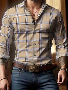 New Fashion Casual Plaid Print Long Sleeve Shirt, Fall - Khaki - View 2