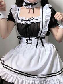 奇迹暖暖系带蝴蝶结女仆装套装，可爱女仆装洛丽塔角色扮演服装，适合情人节情侣装、化装舞会、音乐节、派对、俱乐部舞台表演 - 彩色 - 查看 5