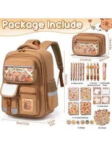 Kids Backpack For School Girls, 28PCS Capybara Toddler School Supplies Stationery Set With Bookbag Pencil Case Pins Gel Pens Pencils Notebooks Sticky Notes For Kindergarten Elementary Student, Back To School Gifts - Capybara - 查看 2