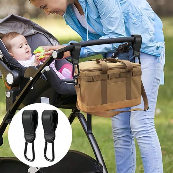 2pcs High-Quality Vegan PU Leather Baby Stroller Hooks, Versatile Stroller Straps For Hanging Diaper Bags And Grocery Shopping Bags, PU Leather With Metal Carabiner Clips, Adjustable Design, Easy To Attach, Available In Black Or Brown