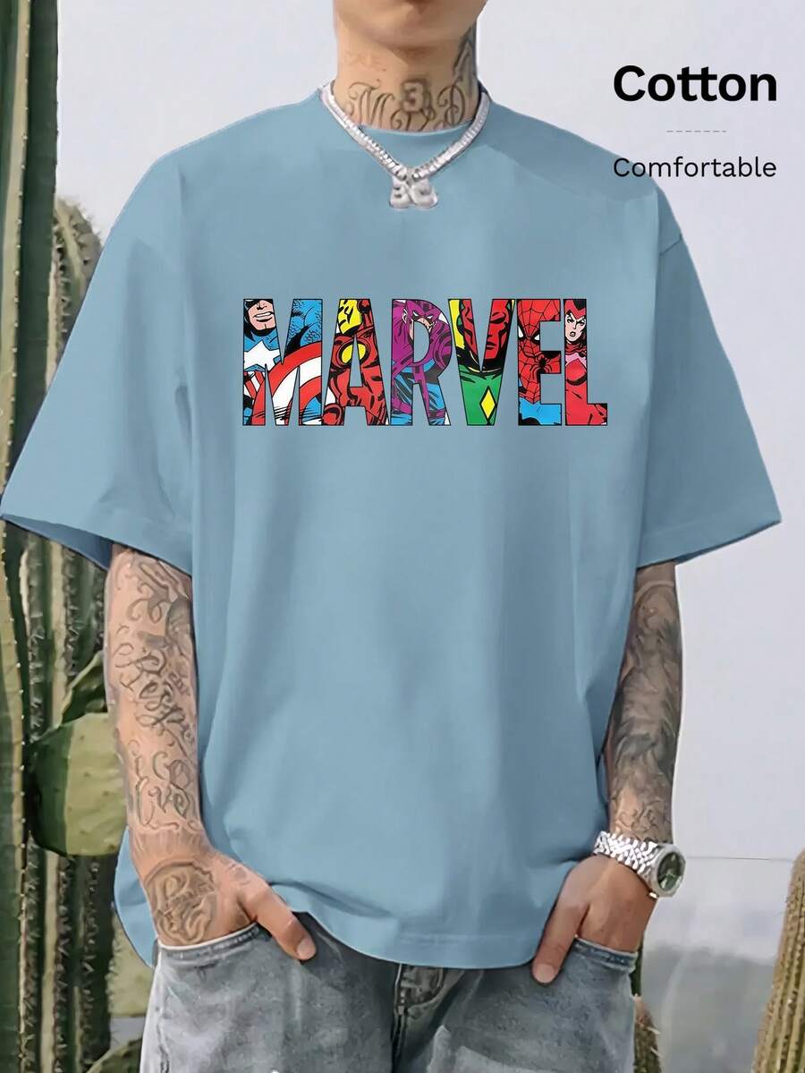 Marvel co-branded ribbed cotton men's t-shirt, Marvel Heroes Assemble print, college style spring and summer new sports men's clothing, fashionable soft and breathable men's bean green short-sleeved tops - 豆綠色 - 查看 1