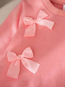 2 Stücke/Set Mädchen Lässig Alltags Outfit - Einfarbiges Schleife Dekor Langarmoberteil und lange Hose, Regular Fit, Frühling/Herbst