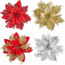 1/3/10/15/20/40Pcs Glitter Poinsettia 5.5" Artificial Flowers Christmas With Clips Stems Xmas Tree Ornaments For Christmas Party Wreath Decoration,Christmas Indoor Outdoor Decoration,Christmas Home Decoration,Office, Garden, Party, Shop Decoration, Party, Wedding, And Holiday Decoration - Container Free, Plastic Material, Desktop Placement, Romantic Centerpiece, DIY Crafts - Multicolor - View 4