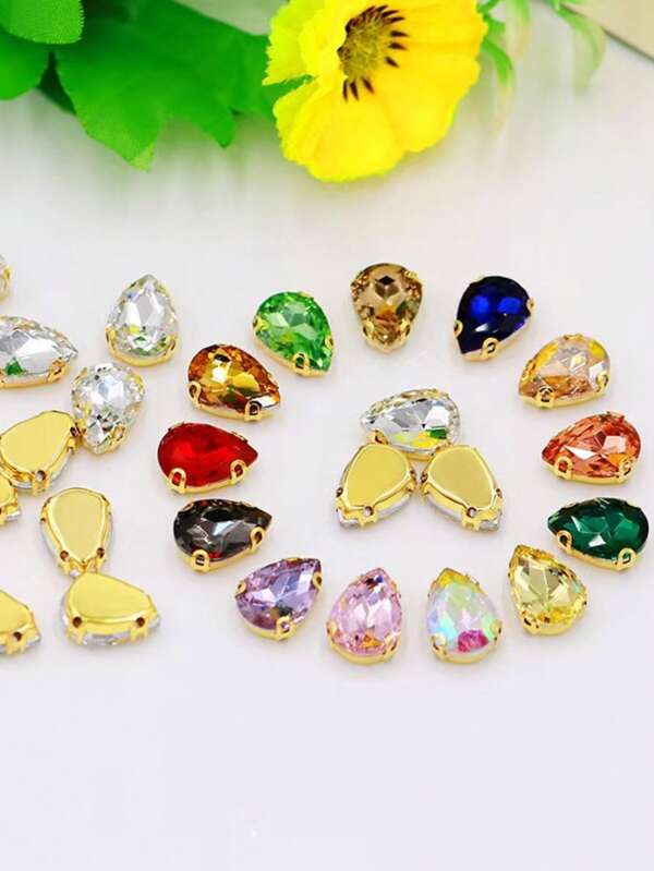 30 piezas de 10*14 cristal de gota de agua con base dorada y garras para DIY en ropa, vestidos de novia, zapatos y bolsos, forma de lágrima, diamantes cosidos a mano, accesorios de joyería