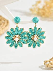 1 对波西米亚手工编织拉菲草串珠仿珍珠花朵耳坠，轻盈奢华彩色编织拉菲草仿珍珠花朵耳环，适合女士休闲、沙滩、派对穿着 - 綠色 - 查看 1