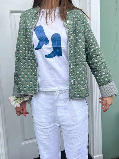 Women's Quilted Jacket Double Sided Printed Mock Neck Long Sleeve Button Down Coat Casual Outerwear