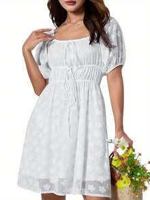 Vestido de línea A con mangas abullonadas y cintura elástica para mujer en colores pastel con adorno de encaje - Estilo de verano - Blanco - Ver 4
