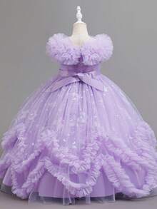 Young Girls' Party Dress, Printed, Glitter, Fluffy Tulle, Elegant Formal Ball Gown, Princess Dress - Mauve Purple - View 4