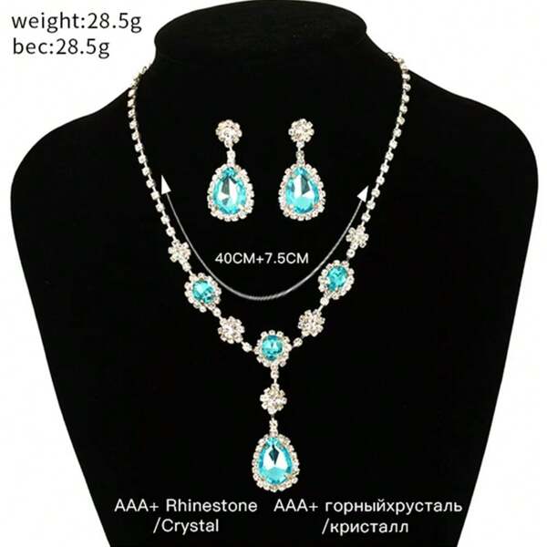 2pcs/Set Fashion Water Drop Pendant Necklace + Matching Earrings Blue Jewelry Set, Suitable For Wedding, Party, Gathering, Crystal Accessory Outfit