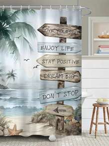 1pc - Polyester - Tropical Beach Palm Tree Shower Curtain Blue Ocean Quote Coast Sunset Scenery Inspirational Vintage Art Waterproof Shower Decor Accessory With 12 Plastic Hooks