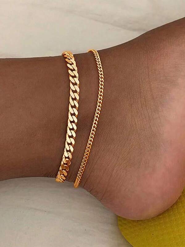 2 piezas Tobillera elegante y simple de color dorado con cadena cubana, tobillera hecha a mano para la playa (longitud personalizada, cantidad de cuentas aleatoria)
