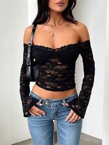 Y2K Women Sexy Fitted Off Shoulder Long Sleeve Lace Blouse - Black - View 6