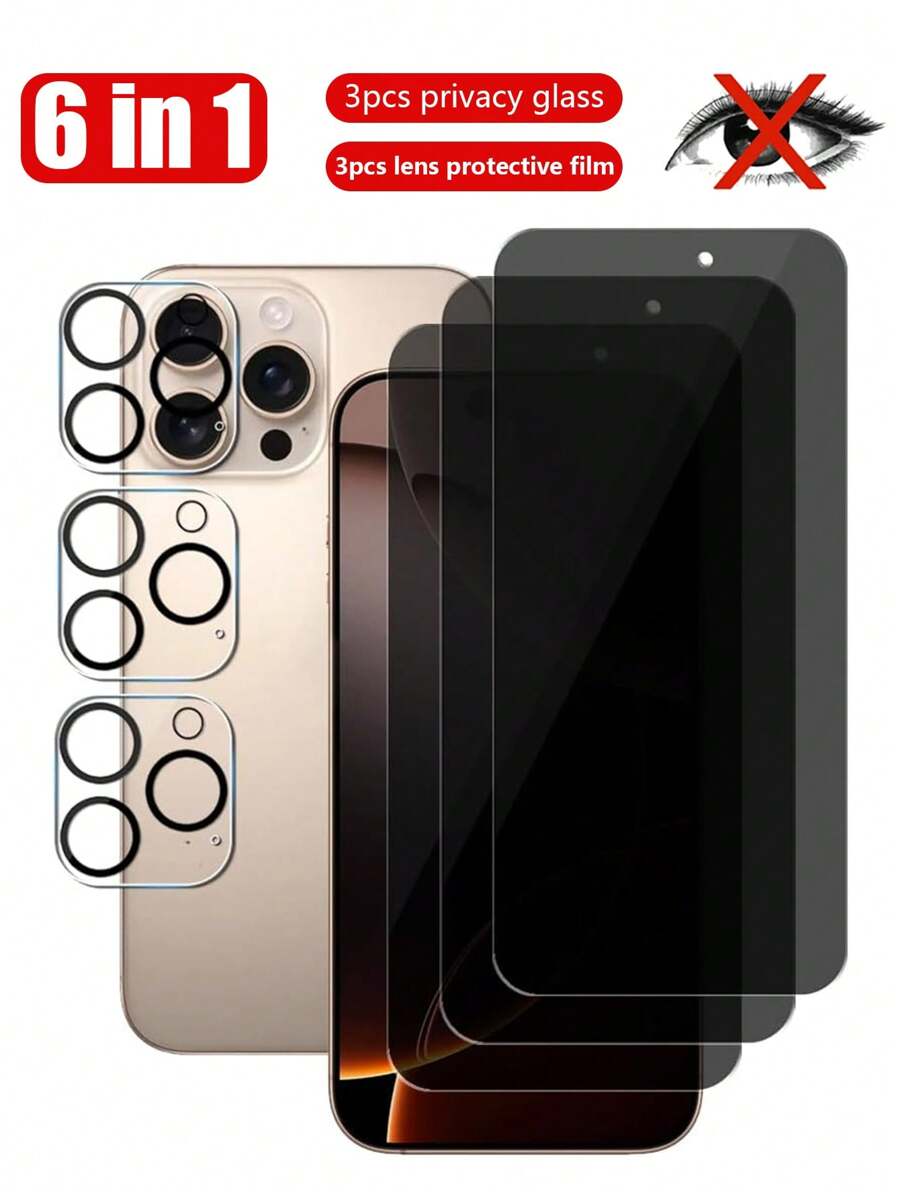 6 In 1 (3 Screen Protectors + 3 Camera Lens Films) Apple Full Screen Anti-Peep Privacy Tempered Glass Film Compatible With Iphone 16 Pro Max (6.9 Inches) Anti-Peep Private Tempered Glass Film Privacy Screen Protector For 16 16 Pro 16 Plus 15 Pro Max 15 15 Pro 15 Plus 14 Pro Max 14 14pro 14 Plus 13 Pro Max 13 13 Pro 12 11 Camera Lens Protective Film [Does Not Affect ], 9H Hardness, Scratch-Resistant