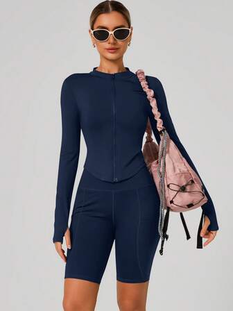 Women's Fashion Stand Up Collar Zipper Long Sleeve Yoga Jacket Tight And Soft Yoga Clothing Outdoor Fitness Sports Top Jacket Suitable For Fitness Exercise In Autumn