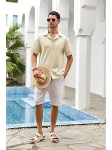 Mens Linen Button Down Shirts Short Sleeve Basic Cuban Regular Fit Wedding Summer Beach Tops - Màu be - Xem 3
