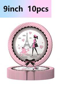 10pcs/Set Paris Eiffel Tower Theme Party Cake Plates Round Tableware Set, Suitable For Camping, Wedding, Birthday Party, Romantic Paris Creative Theme Party - Multicolor - View 3