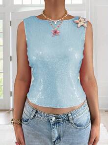 Women Summer Sequins Tank Tops Casual Cute Pearl Starfish Shiny Sleeveless Shirt Aesthetic Clothes For Streetwear - Baby Blue - View 3