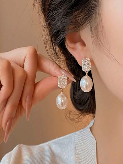 1 对纯银锆石水晶珍珠耳钉，新款时尚精致美观耳环，适合日常佩戴