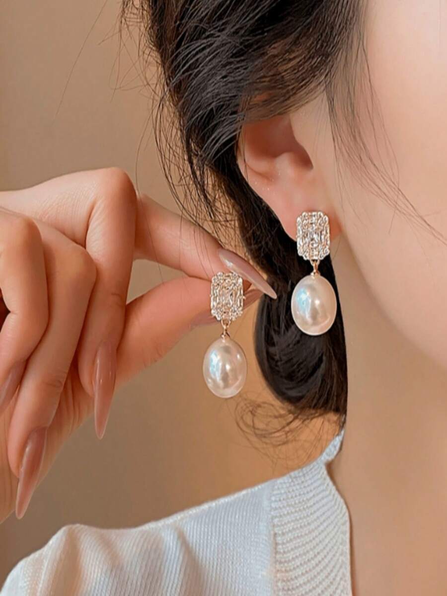1 对纯银锆石水晶珍珠耳钉，新款时尚精致美观耳环，适合日常佩戴 - 金色 - 查看 1