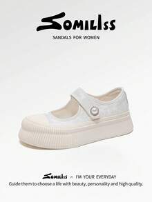 somiliss 1双女士运动风凉鞋，时尚平底中国风刺绣休闲鞋，轻便舒适户外步行鞋，5厘米厚底，适合搭配裙装，新款夏季白色