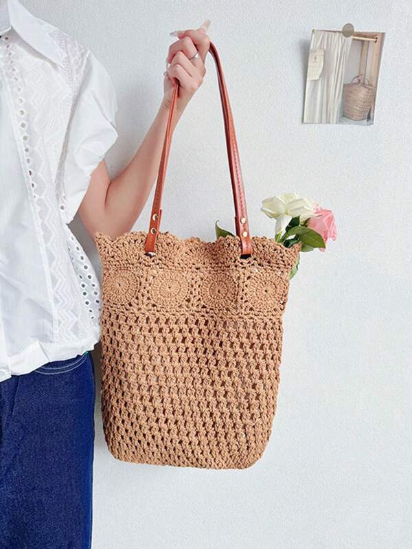 Bolsa tote de algodão trançado para o verão 2025, nova bolsa tote de grande capacidade para viajantes, bolsa de palha para férias na praia