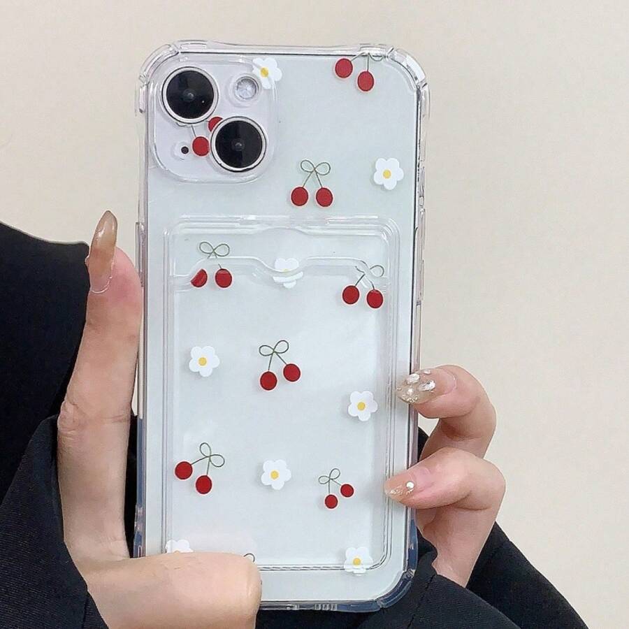 Funda para teléfono 1 funda para tarjeta transparente con flor blanca, funda para tarjeta, funda para mano 15 14 13 12 11, colocación de tarjeta con orificio fino - Blanco - Ver 1