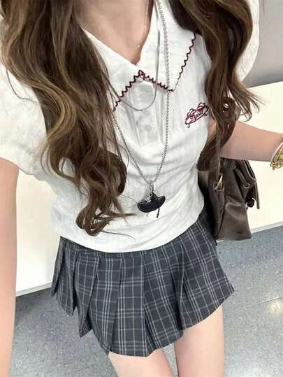 Jacquard Weave Sporty Chic Polo Collar Short Sleeve T-Shirt For Women, Summer Top