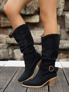 New Western Style Buckle Stacked Heel Pleated Mid-Calf Riding Boots For Women, Fashion & Versatile, Mid-Calf Boots, Slouchy Boots, Fall, Winter, Spring/Autumn - Black - View 4
